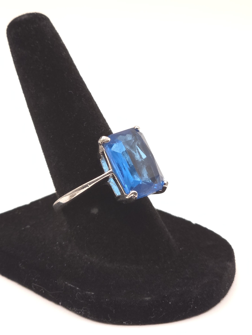 Blue Emerald Cut Statement Ring Size 7 Silver Tone